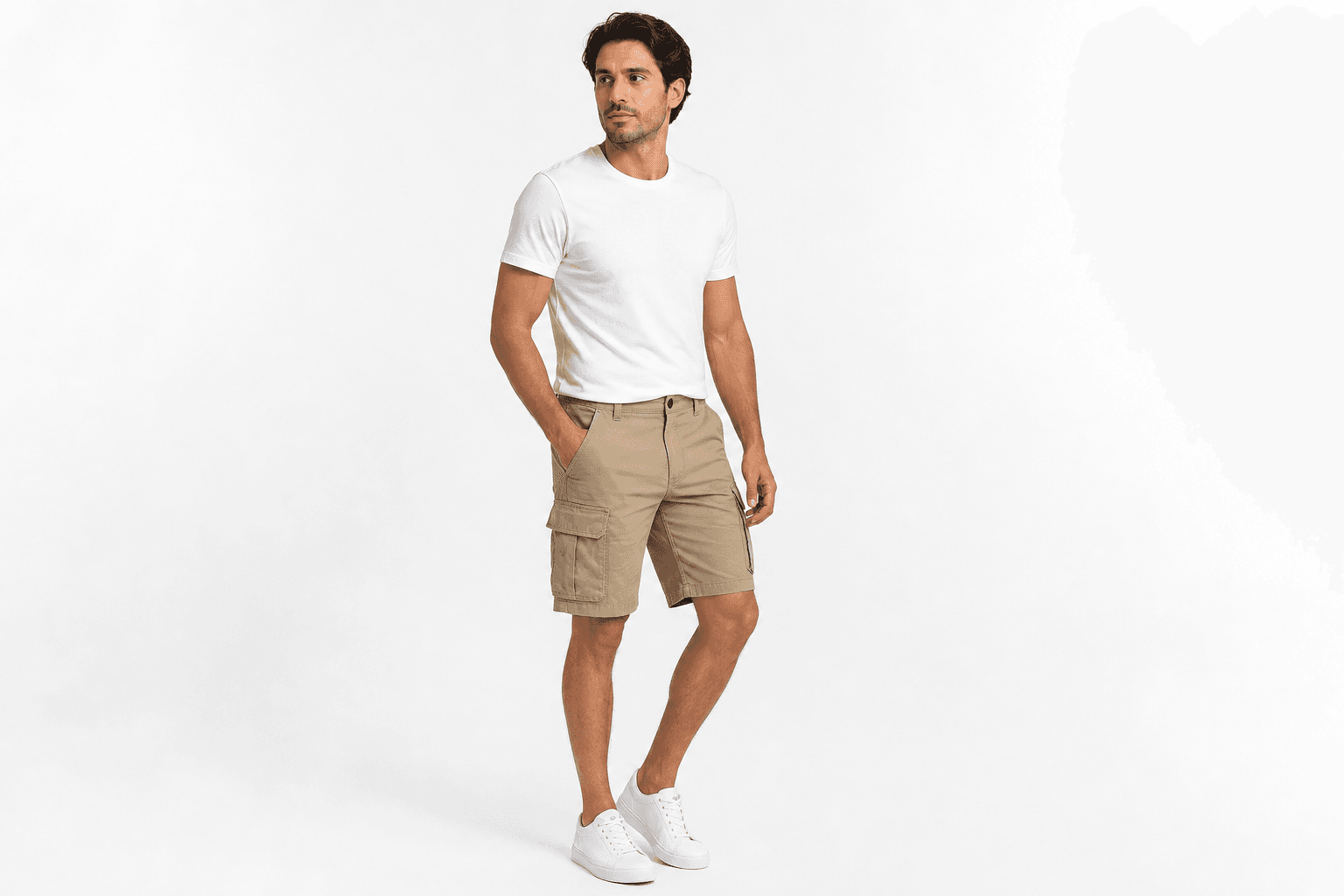 Khaki cargo shorts — front view