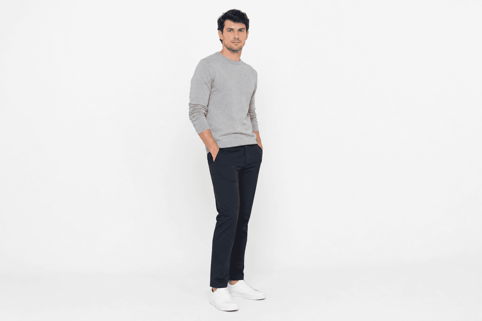 Navy chinos — three-quarter view