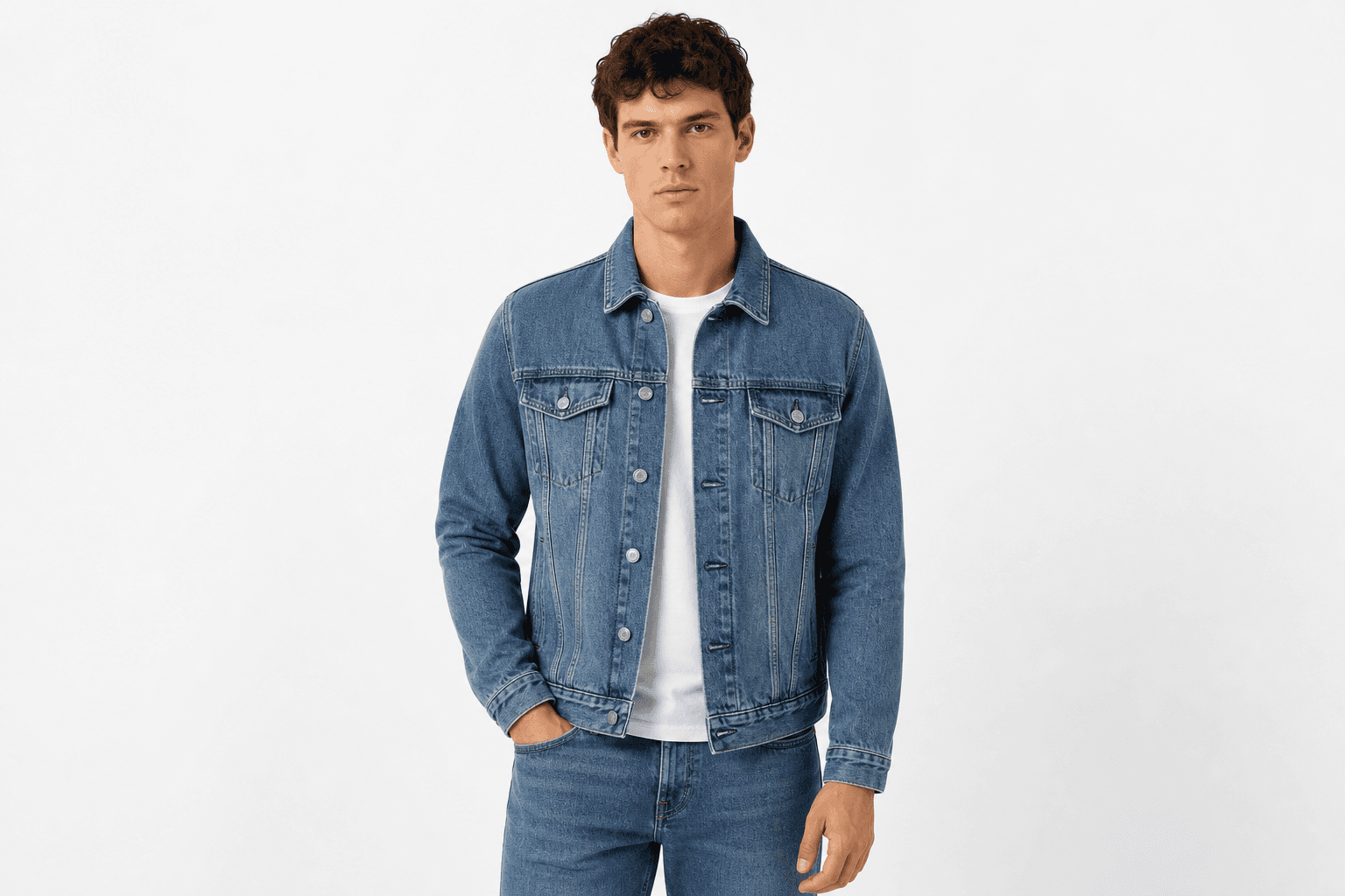 Mid-wash denim jacket — front view