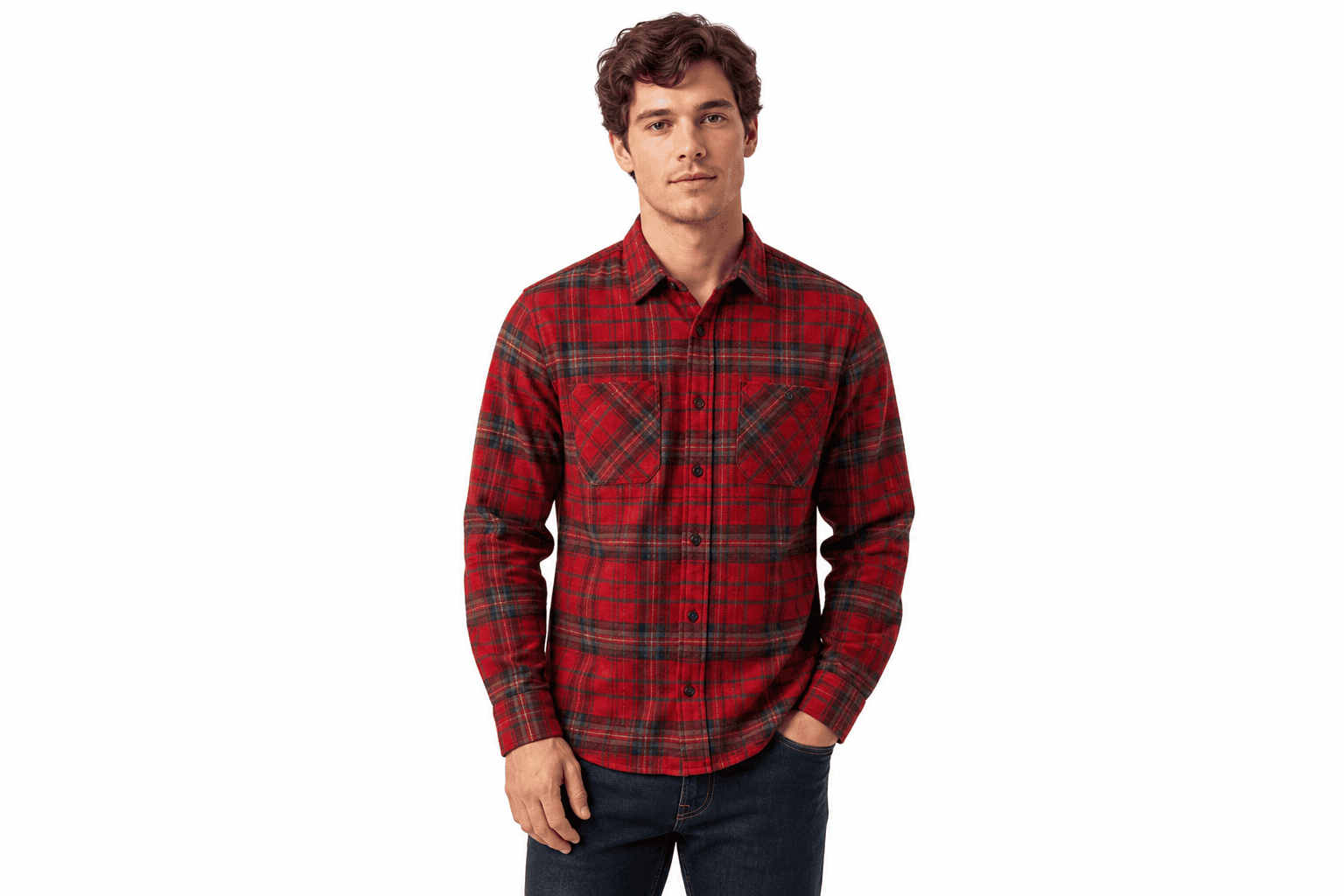 Men's Brushed Flannel Shirt — Red Plaid