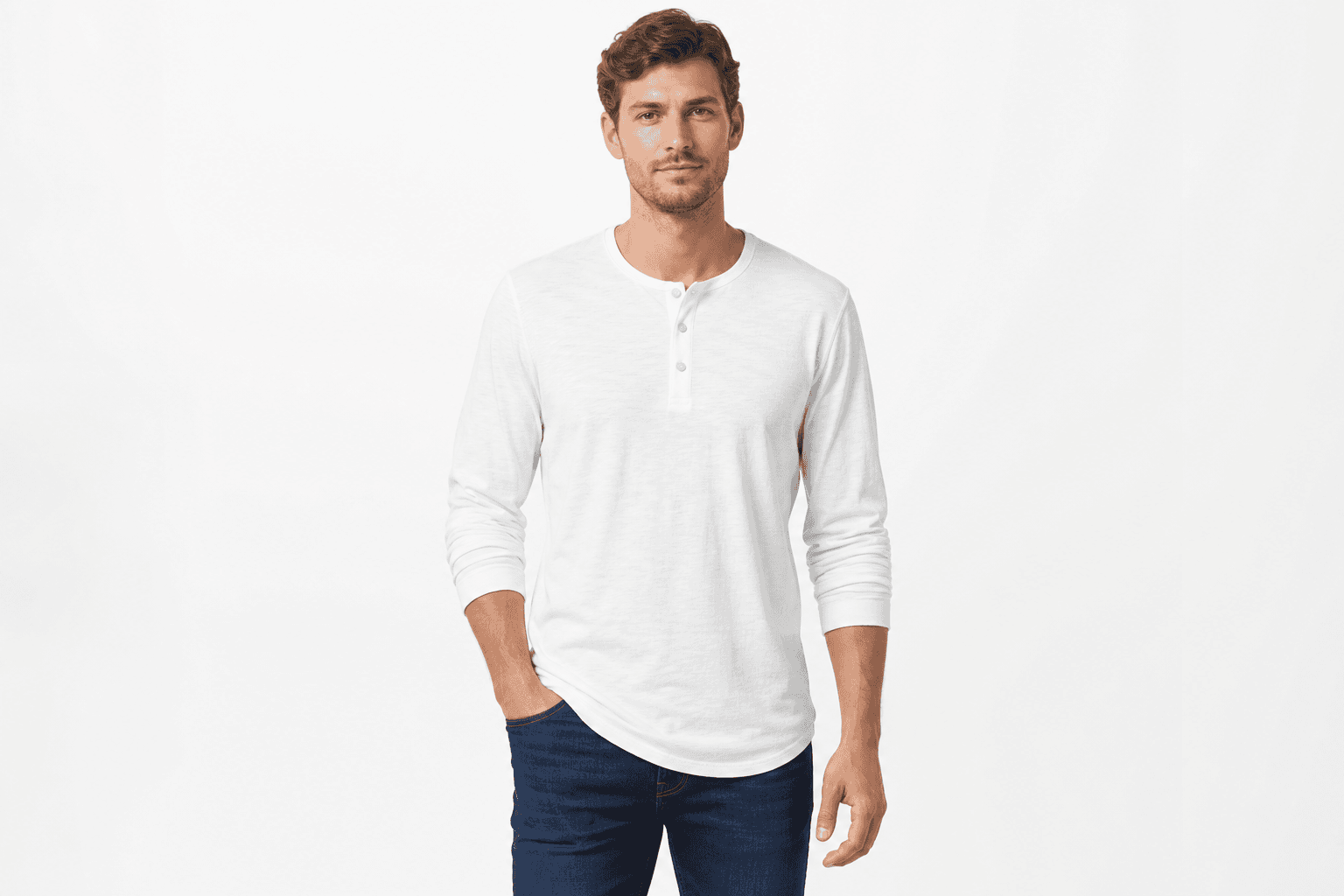 Men's Long-Sleeve Henley — White