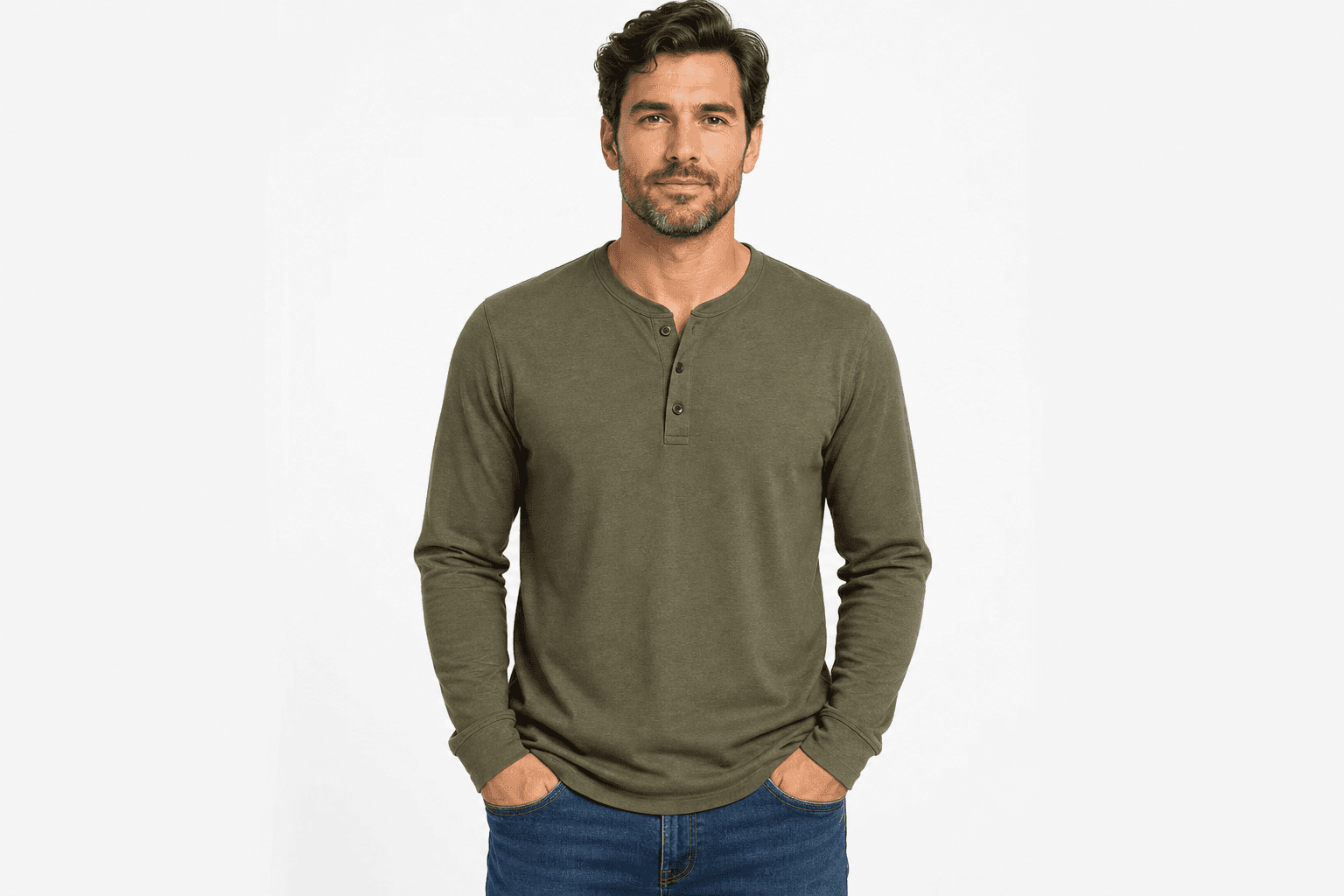 Olive henley — front view on model