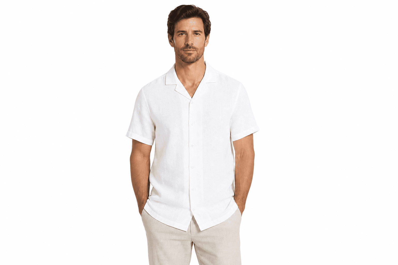 Men's Linen Blend Camp Shirt — front view on model