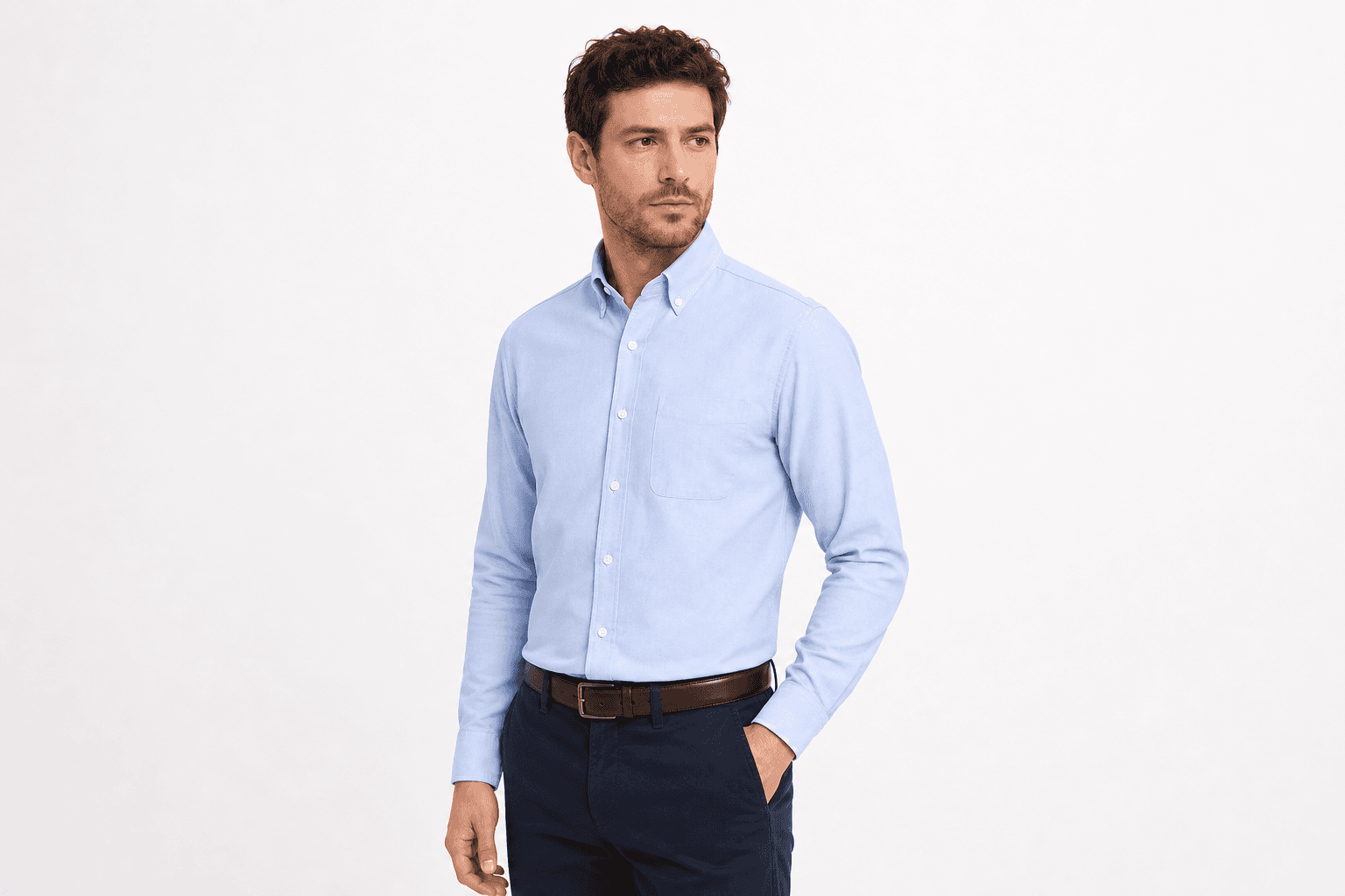 Light blue oxford — three-quarter view