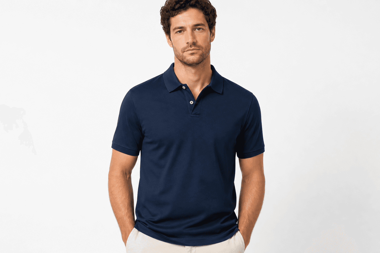 Navy polo shirt — front view on model