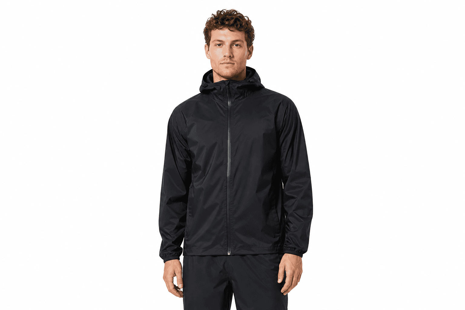Men's Packable Rain Jacket — front view on model