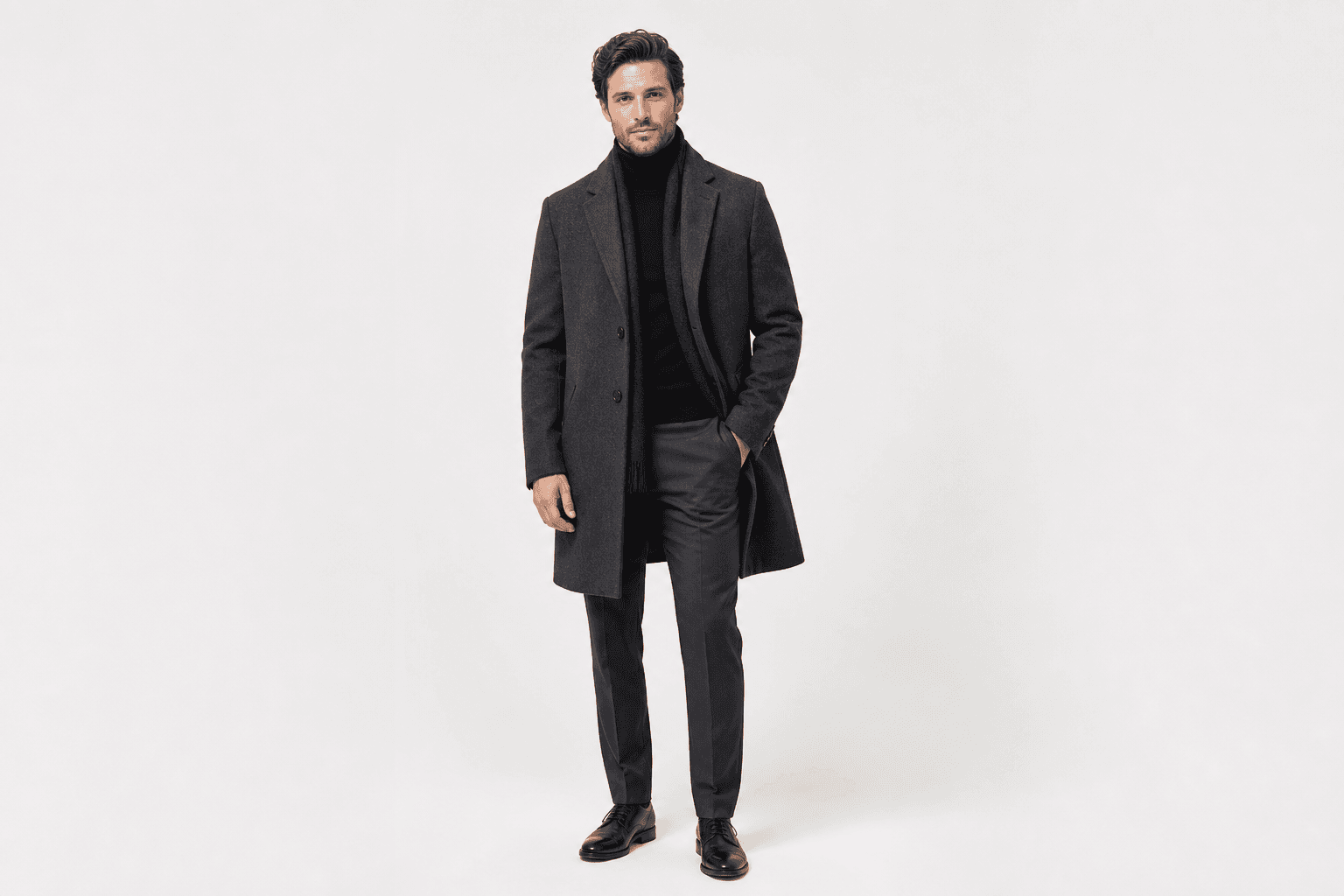 Charcoal wool overcoat — front view