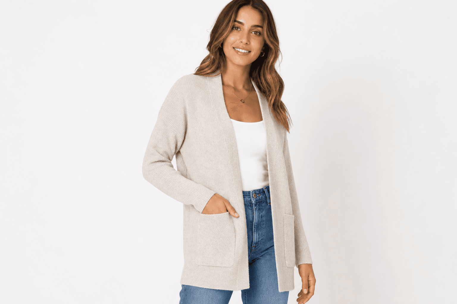 Oatmeal cardigan — front view on model