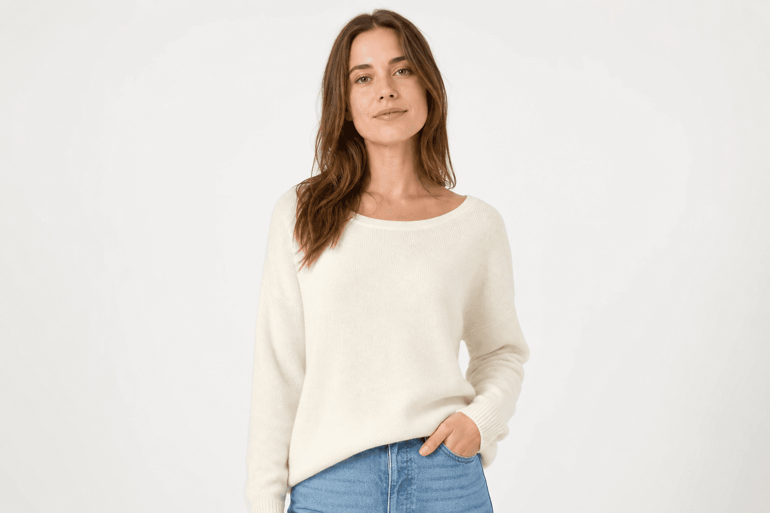 Cream soft knit top — front view