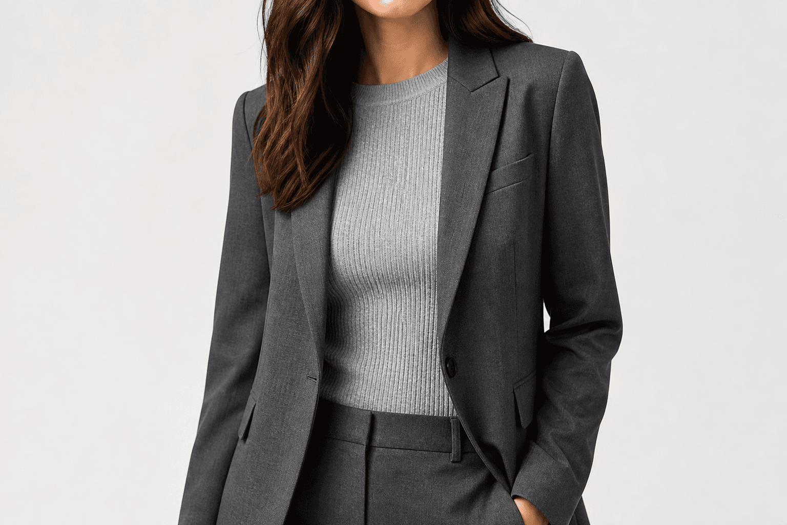 Grey knit layered under blazer