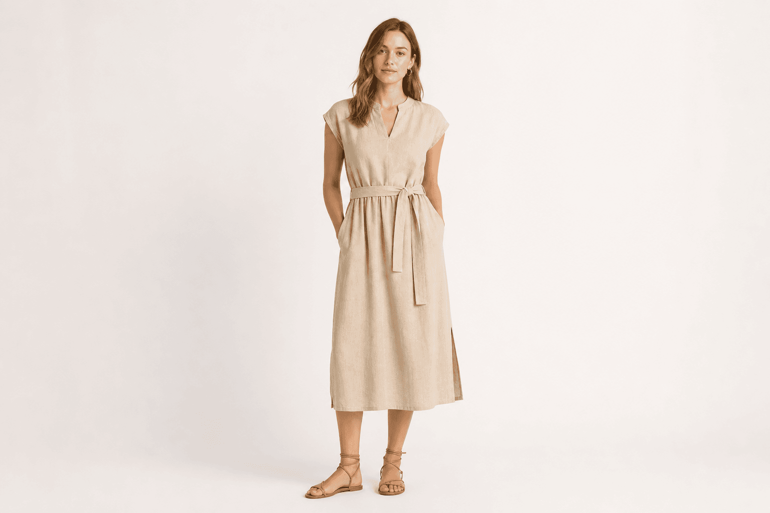 Natural linen dress — full front view