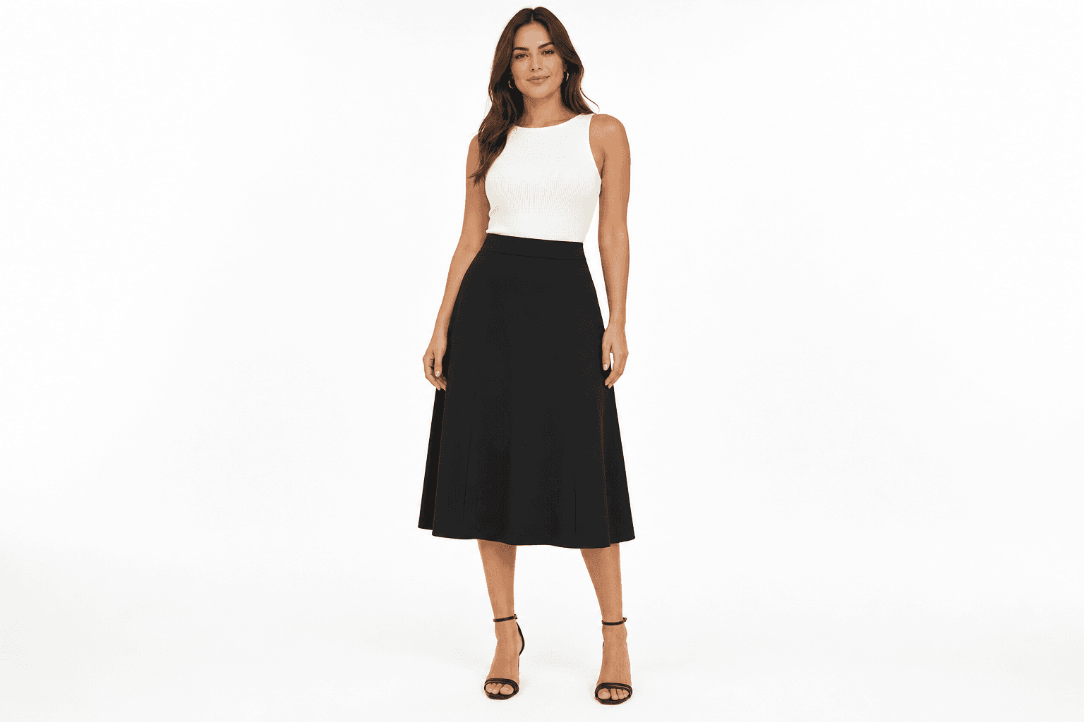 Black midi skirt — front view on model
