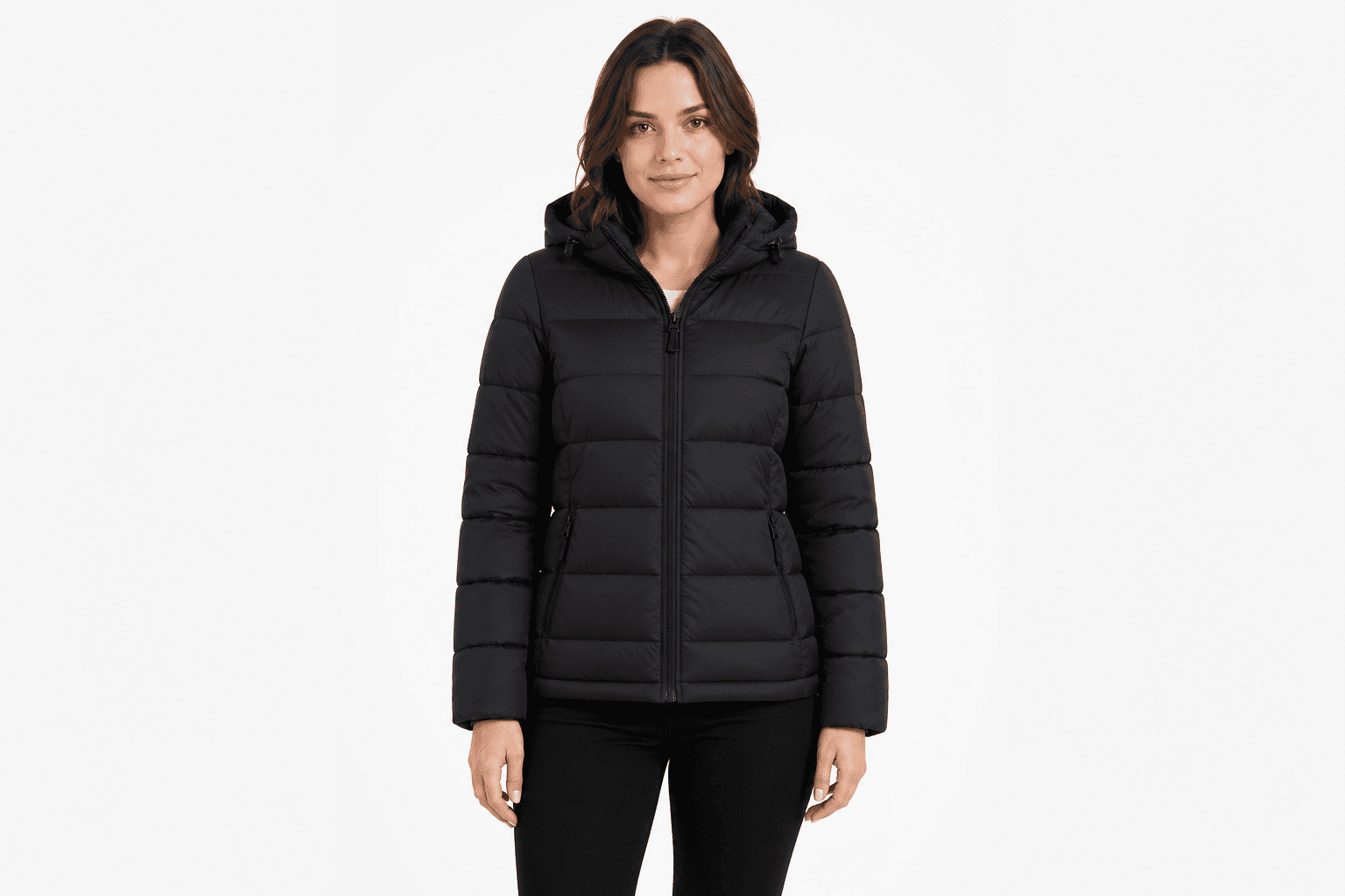 Women's Hooded Puffer Jacket — front view on model