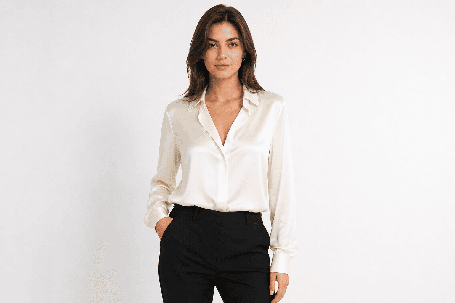 Ivory silk blouse — front view on model