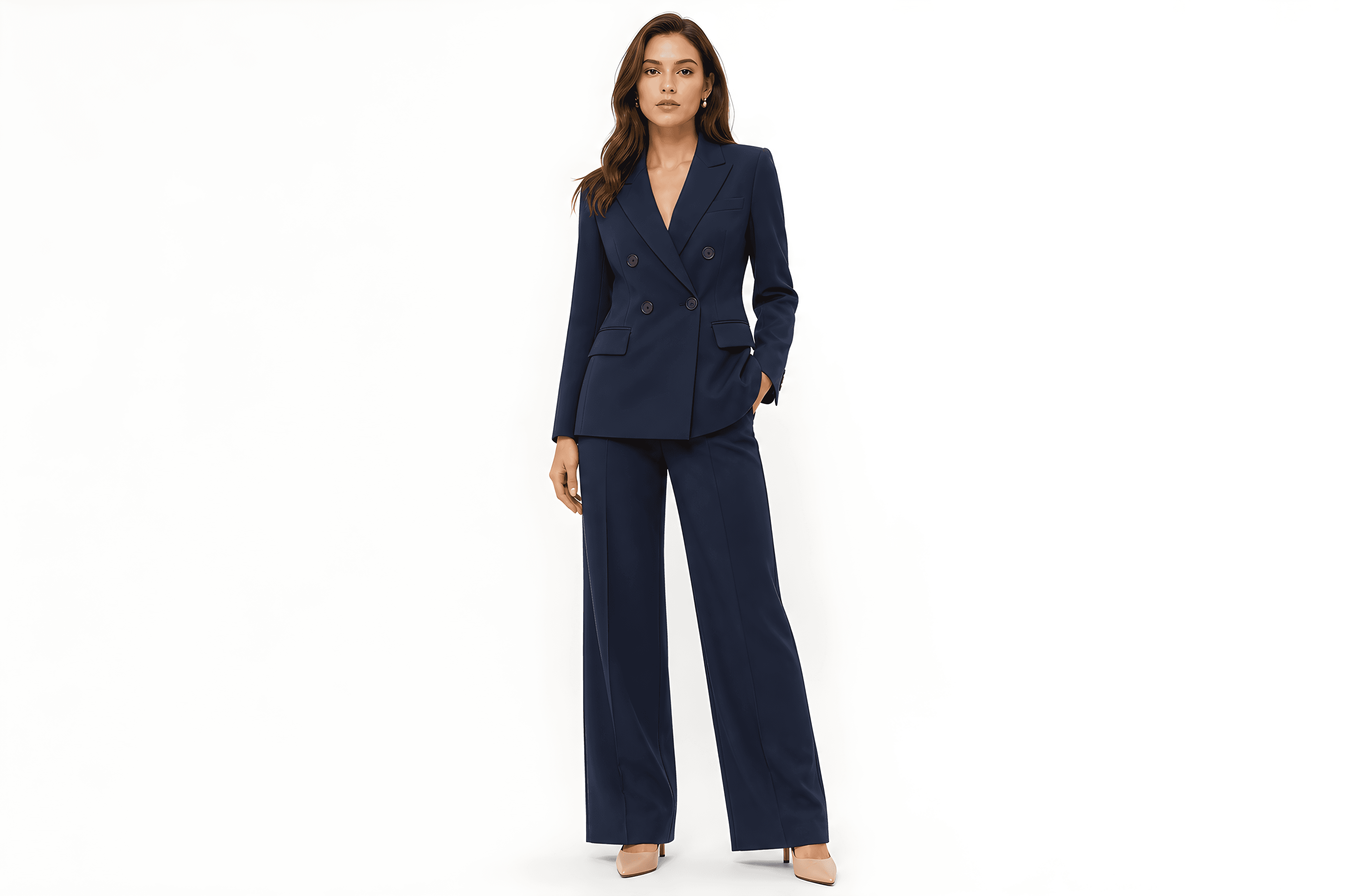 Navy suit set — full front view on model