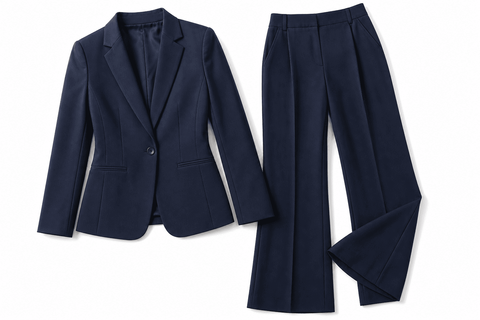 Two-piece suit flat lay on white background