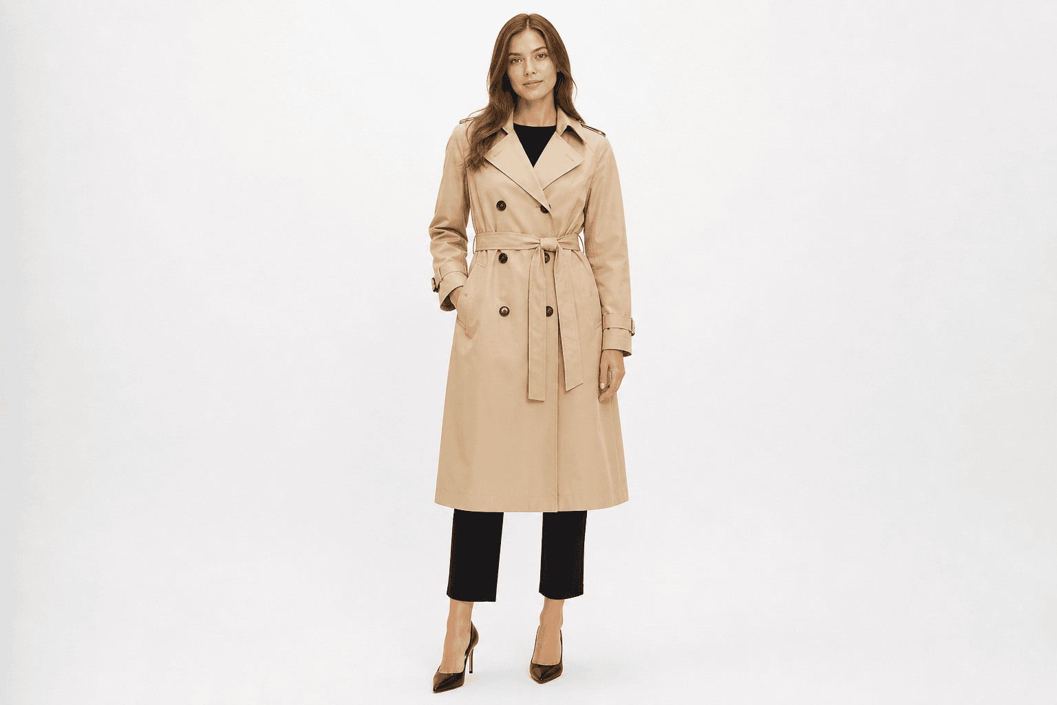 Women's Belted Trench Coat — front view on model